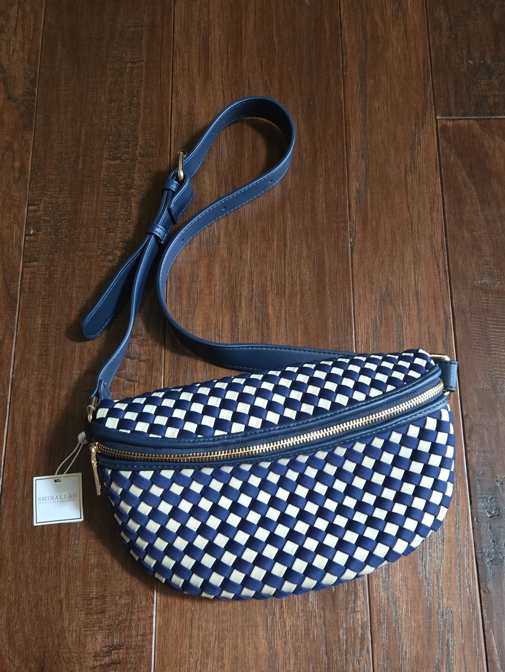 Shiraleah Chicago Val Sling Bag Navy and Cream Woven Crossbody Belt Bum Bag